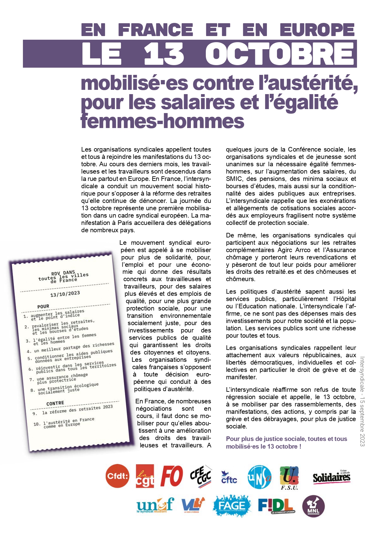13 Octobre Journée de mobilisation et de manifestation du 13 octobre | SNUipp-FSU 48