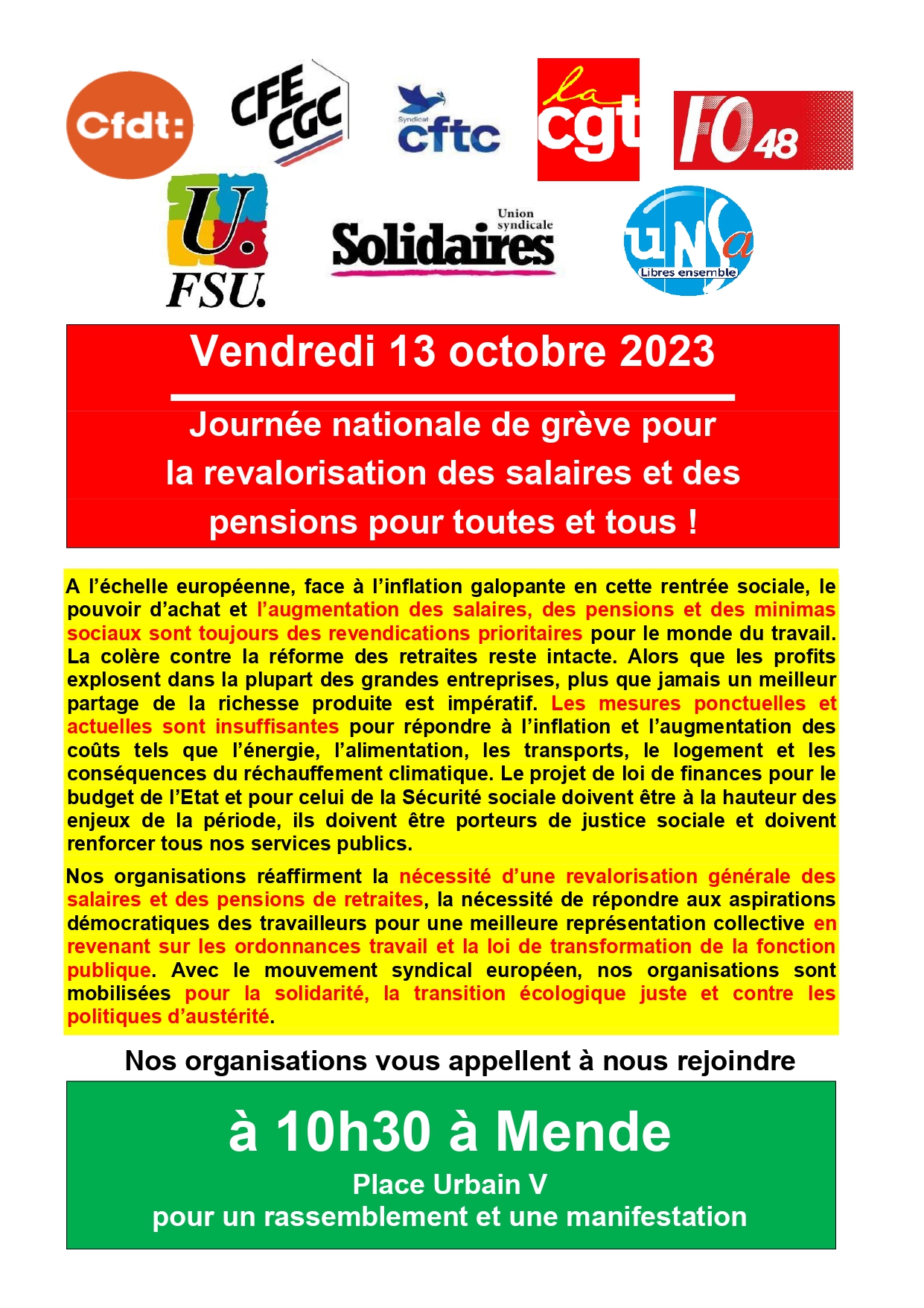 Greve Le 13 Octobre 2023 Journée de mobilisation et de manifestation du 13 octobre | SNUipp-FSU 48